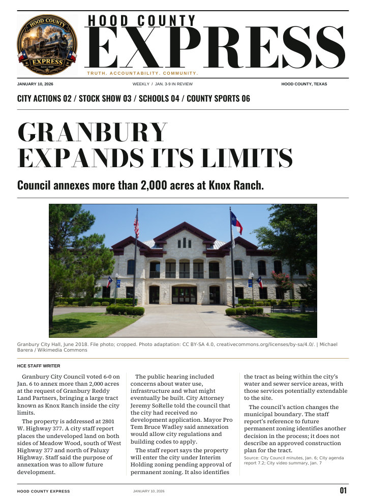Hood County Express weekly cover, January 10, 2026: Granbury expands its limits
