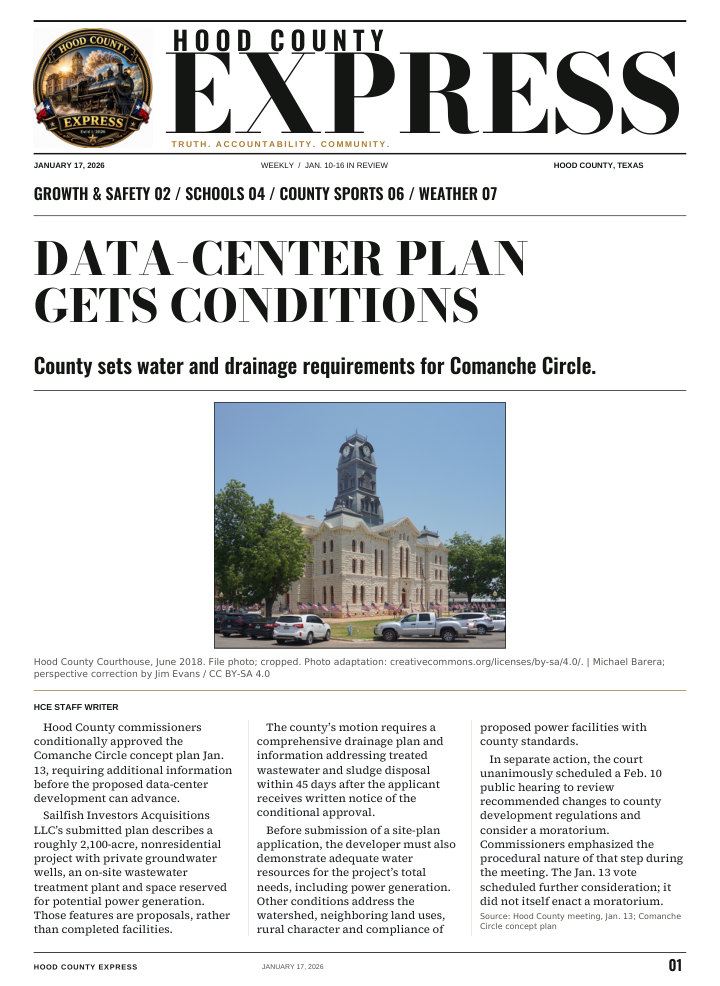 Hood County Express weekly cover, January 17, 2026: Data-center plan gets conditions