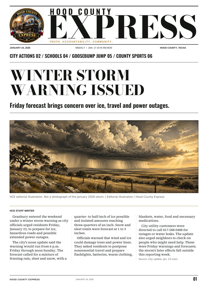 Hood County Express weekly cover, January 24, 2026: Winter storm warning issued
