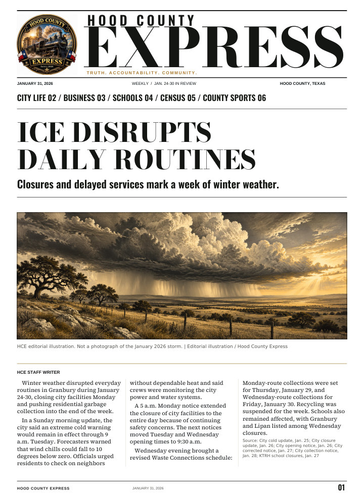 Hood County Express weekly cover, January 31, 2026: Ice disrupts daily routines