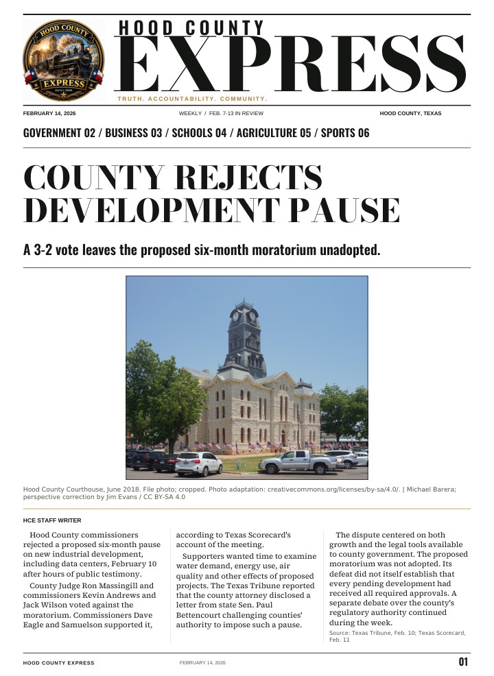 Hood County Express weekly cover, February 14, 2026: County rejects development pause