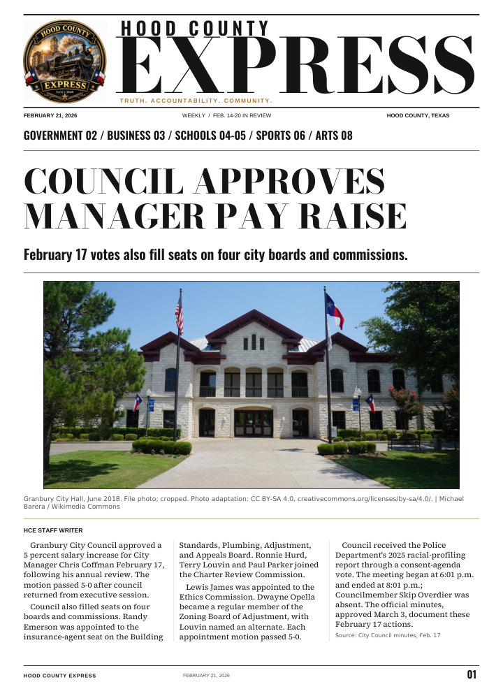Hood County Express weekly cover, February 21, 2026: Council approves manager pay raise