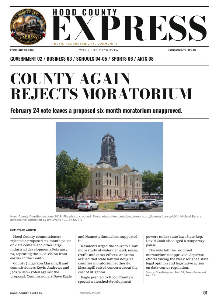 Hood County Express weekly cover, February 28, 2026: County again rejects moratorium