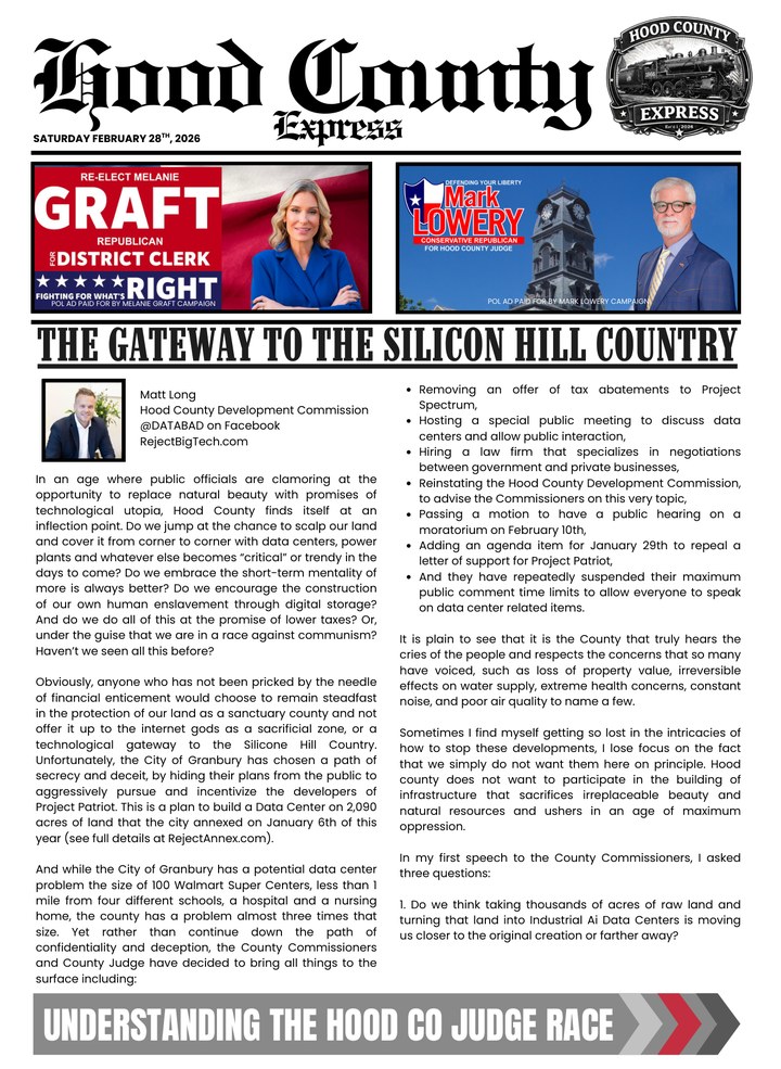 Hood County Express monthly cover, February 28, 2026: The gateway to the Silicon Hill Country
