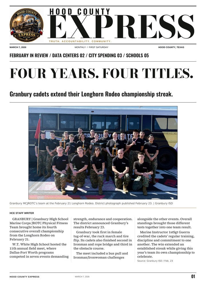 Hood County Express monthly cover, March 7, 2026: Four years. Four titles.