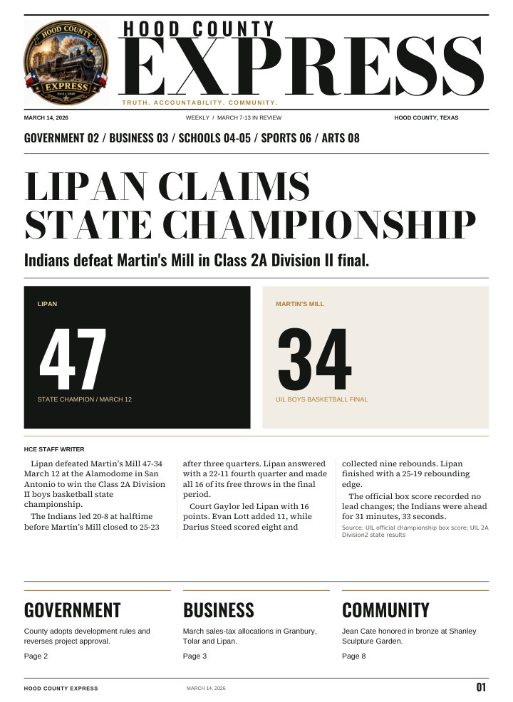 Hood County Express weekly cover, March 14, 2026: Lipan claims state championship