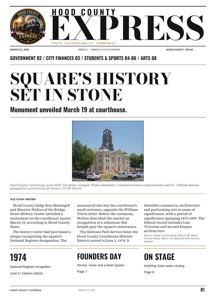 Hood County Express weekly cover, March 21, 2026: Square's history set in stone