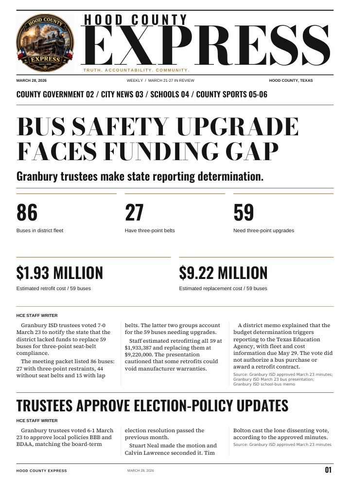 Hood County Express weekly cover, March 28, 2026: Bus safety upgrade faces funding gap