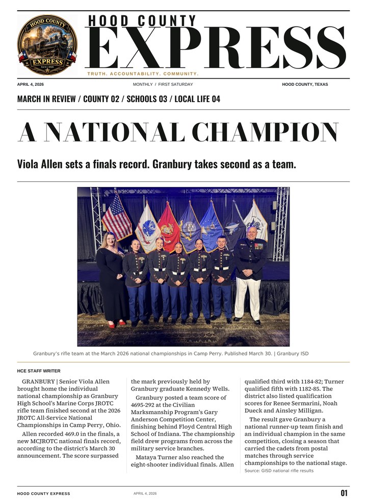 Hood County Express monthly cover, April 4, 2026: A national champion