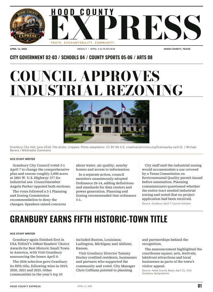 Hood County Express weekly cover, April 11, 2026: Council approves industrial rezoning