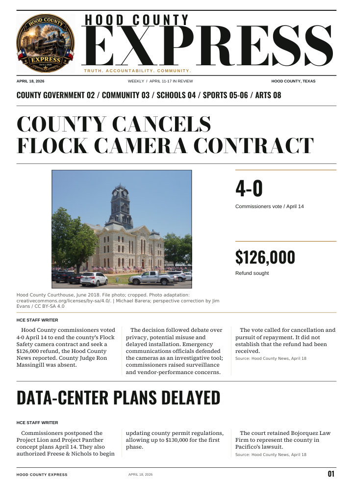 Hood County Express weekly cover, April 18, 2026: County cancels Flock camera contract