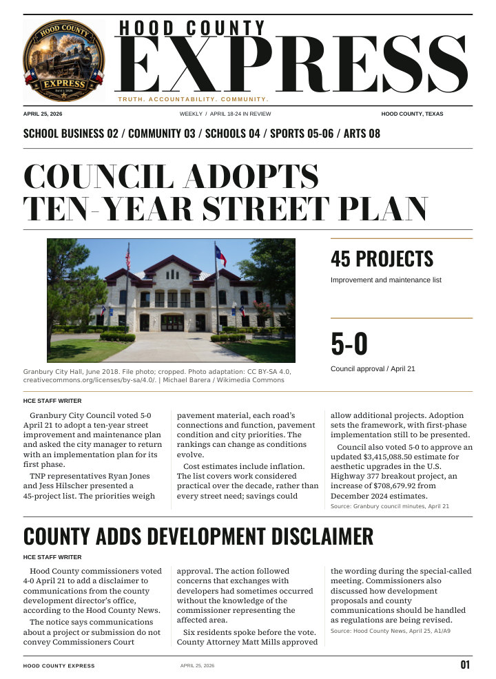 Hood County Express weekly cover, April 25, 2026: Council adopts ten-year street plan