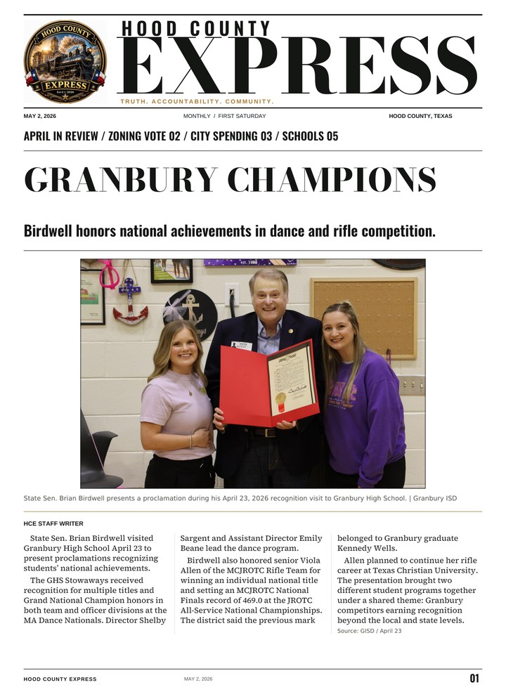 Hood County Express monthly cover, May 2, 2026: Granbury champions