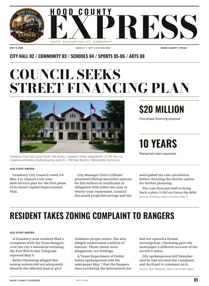 Hood County Express weekly cover, May 9, 2026: Council seeks street financing plan
