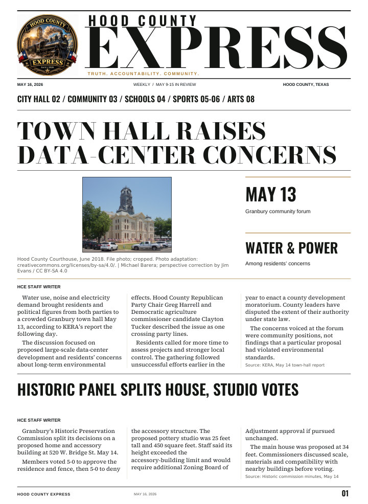 Hood County Express weekly cover, May 16, 2026: Town hall raises data-center concerns