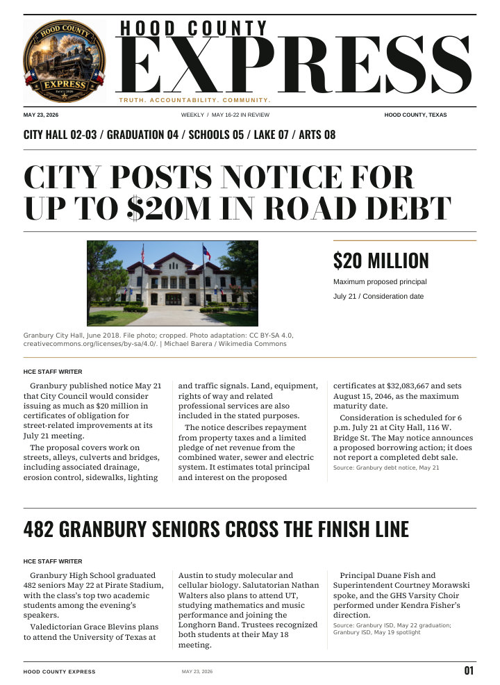 Hood County Express weekly cover, May 23, 2026: City posts notice for up to $20M in road debt