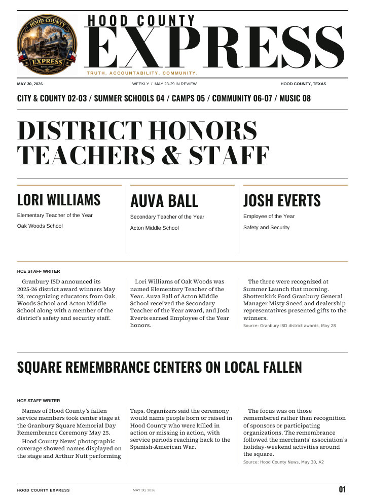 Hood County Express weekly cover, May 30, 2026: District honors teachers & staff