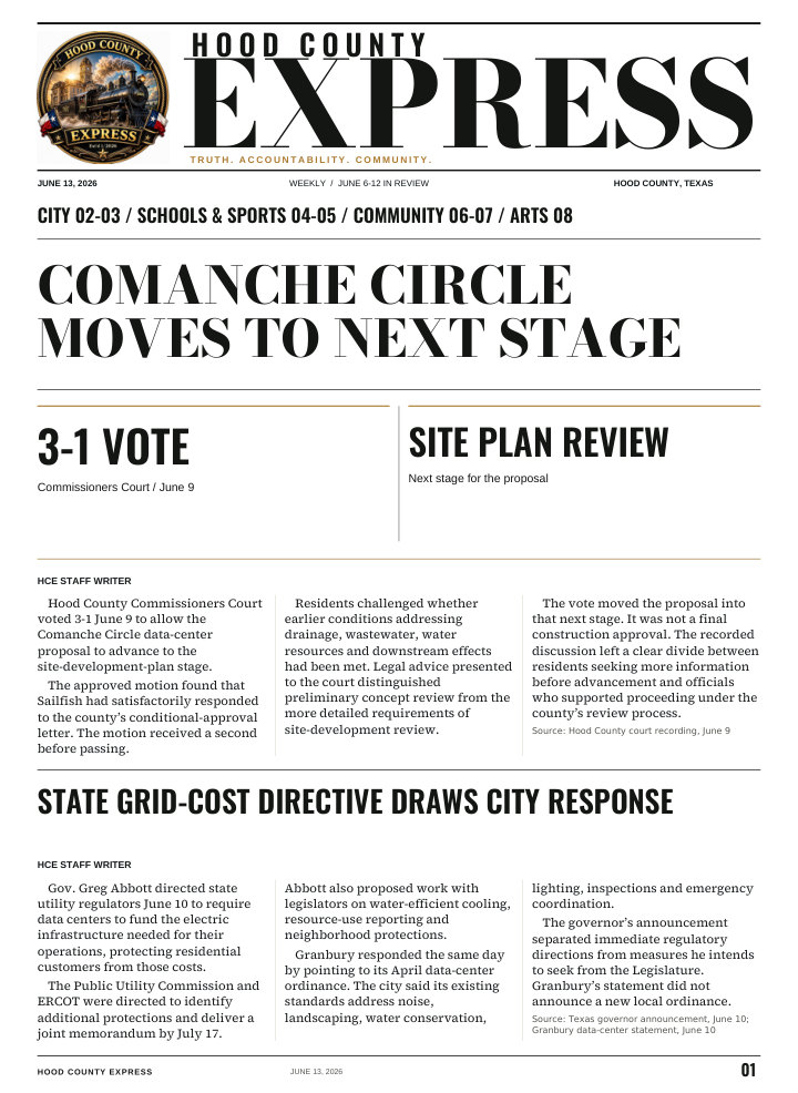 Hood County Express weekly cover, June 13, 2026: Comanche Circle moves to next stage