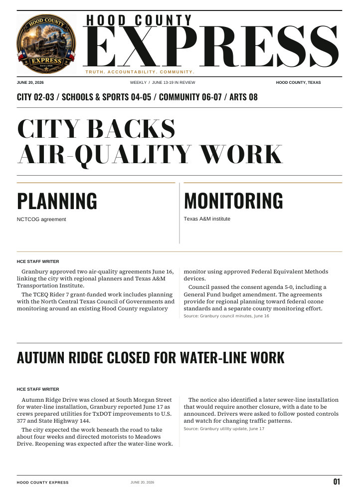 Hood County Express weekly cover, June 20, 2026: City backs air-quality work