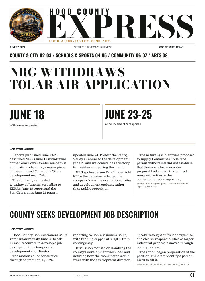 Hood County Express weekly cover, June 27, 2026: NRG withdraws Tolar air application