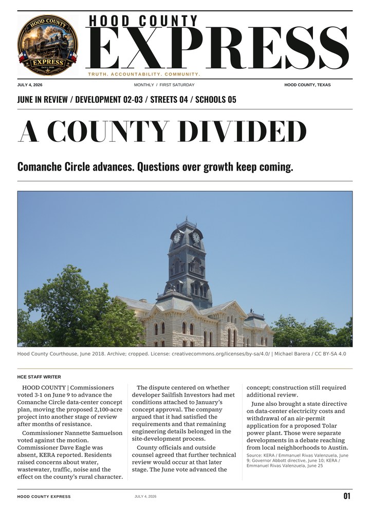 Hood County Express monthly cover, July 4, 2026: A county divided
