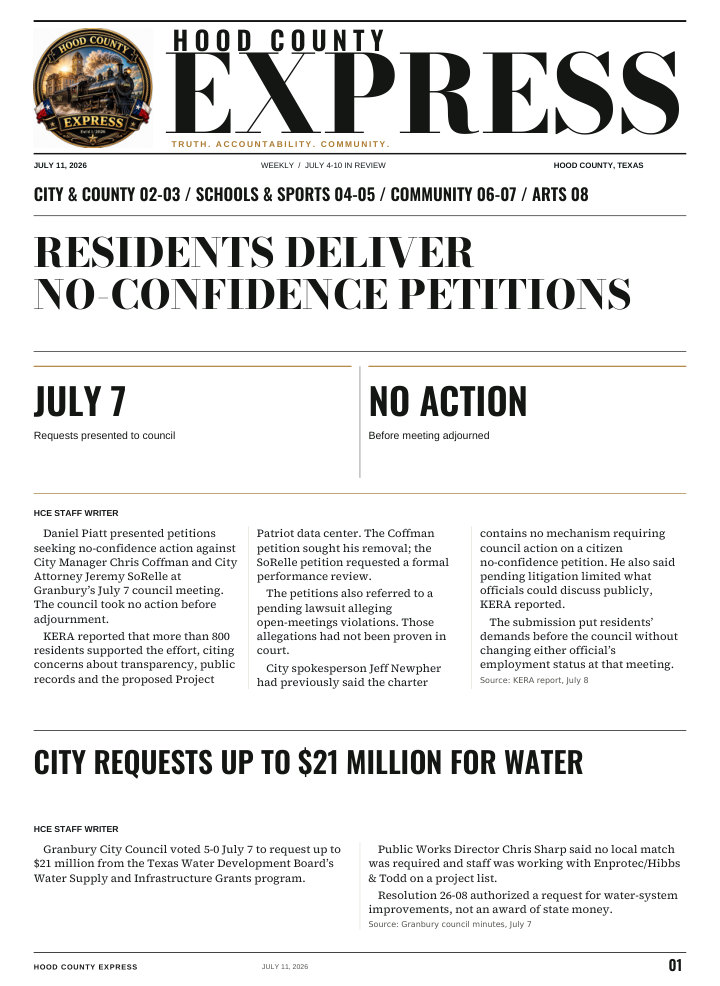 Hood County Express weekly cover, July 11, 2026: Residents deliver no-confidence petitions
