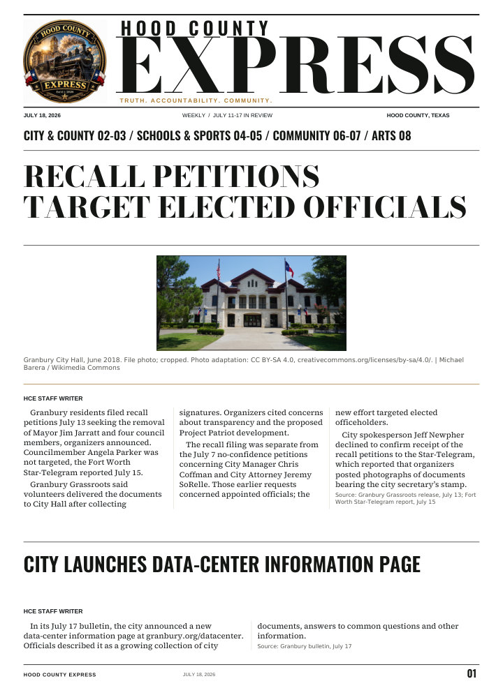 Hood County Express weekly cover, July 18, 2026: Recall petitions target elected officials