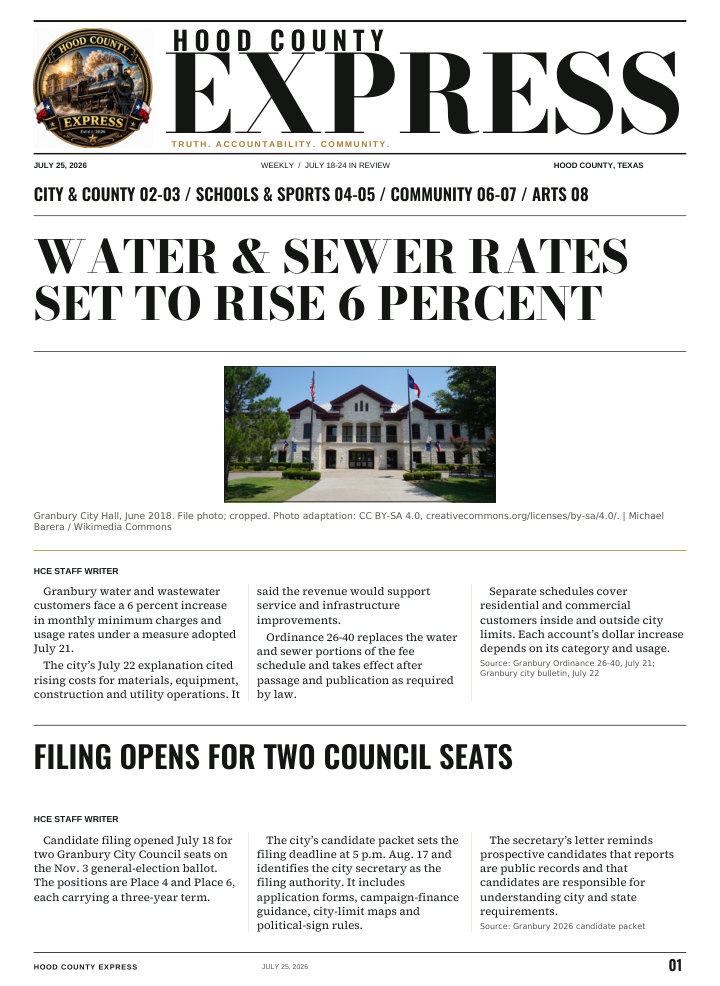Hood County Express weekly cover, July 25, 2026: Water & sewer rates set to rise 6 percent
