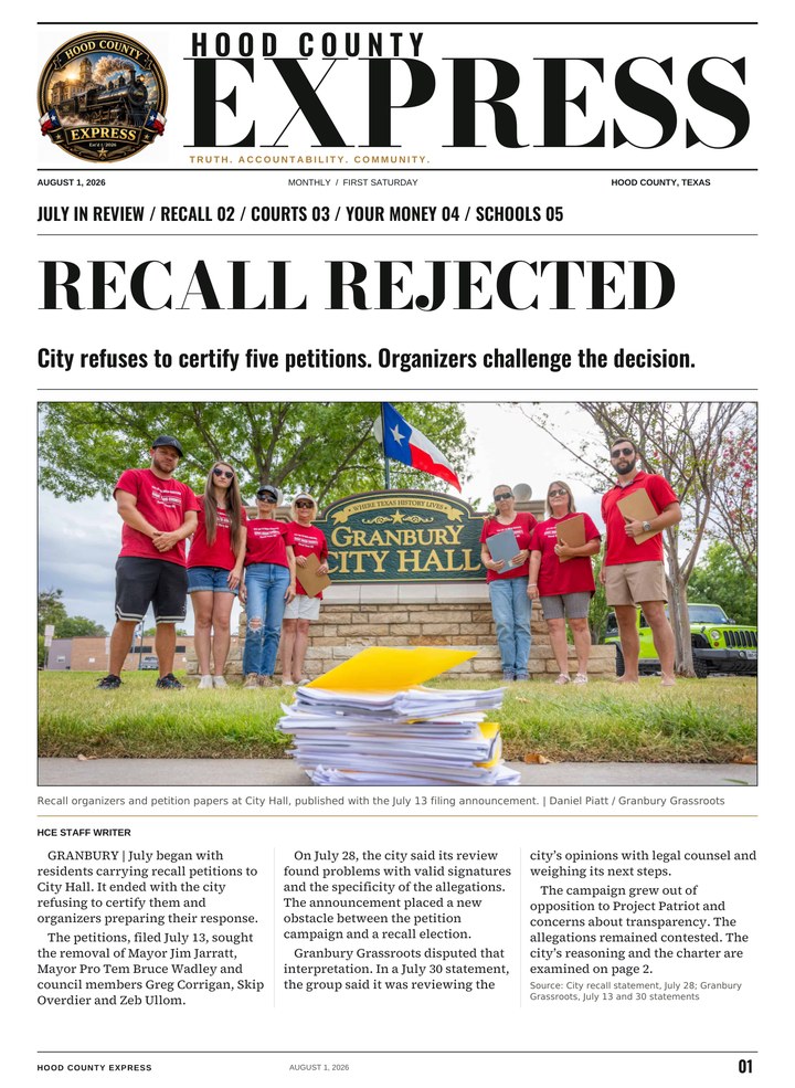 Hood County Express monthly cover, August 1, 2026: Recall rejected
