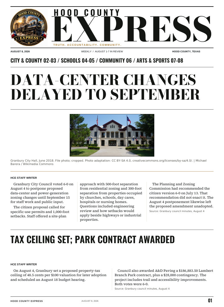 Hood County Express weekly cover, August 8, 2026: Data-center changes delayed to September