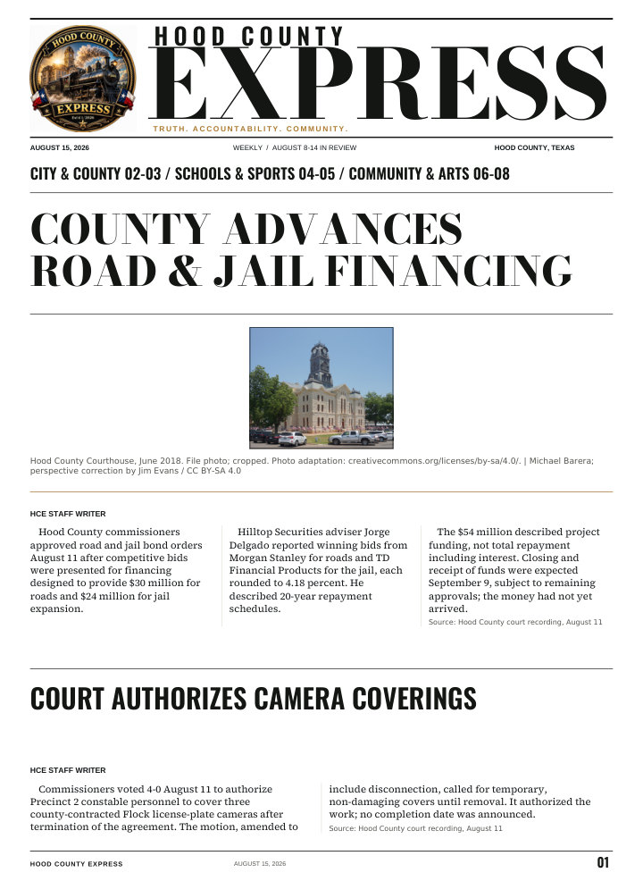 Hood County Express weekly cover, August 15, 2026: County advances road & jail financing