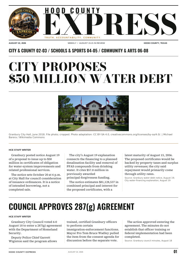 Hood County Express weekly cover, August 22, 2026: City proposes $50 million water debt
