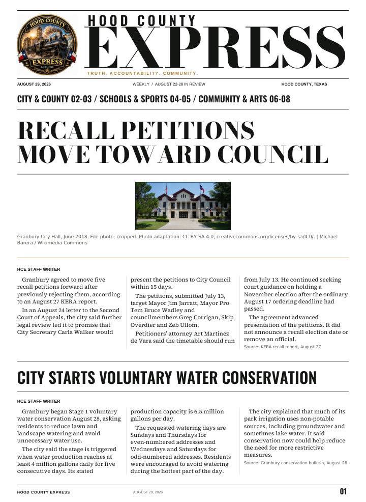 Hood County Express weekly cover, August 29, 2026: Recall petitions move toward council