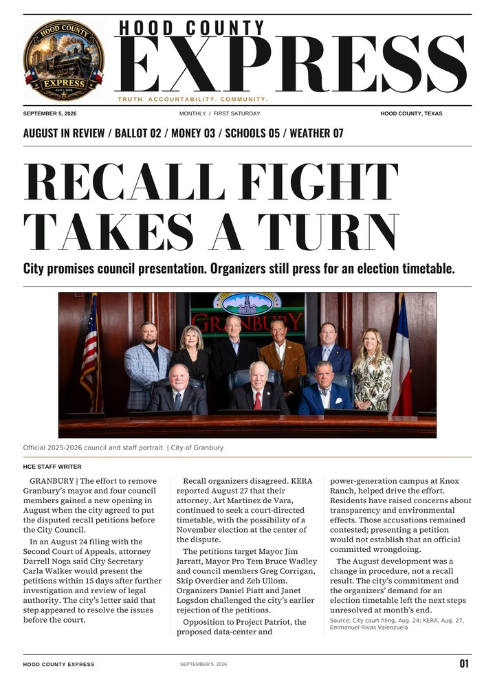 Hood County Express monthly cover, September 5, 2026: Recall fight takes a turn
