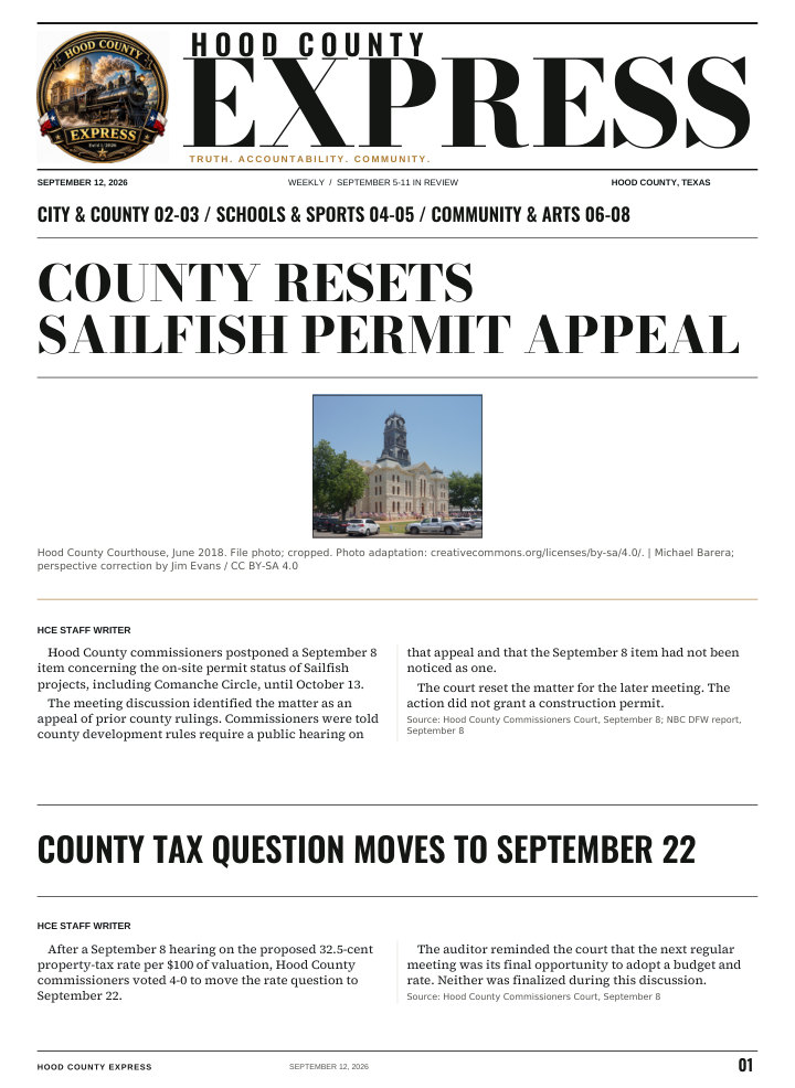Hood County Express weekly cover, September 12, 2026: County resets Sailfish permit appeal