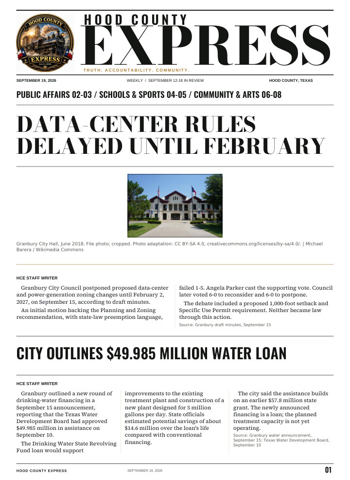 Hood County Express weekly cover, September 19, 2026: Data-center rules delayed until February
