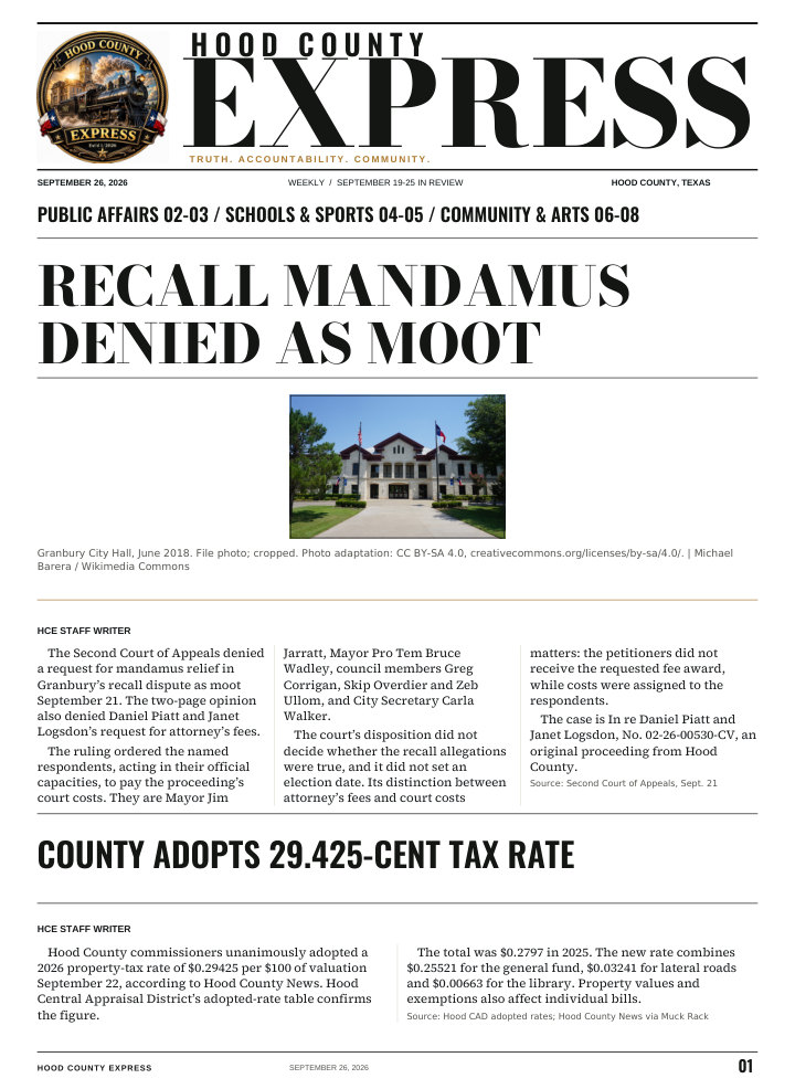 Hood County Express weekly cover, September 26, 2026: Recall mandamus denied as moot