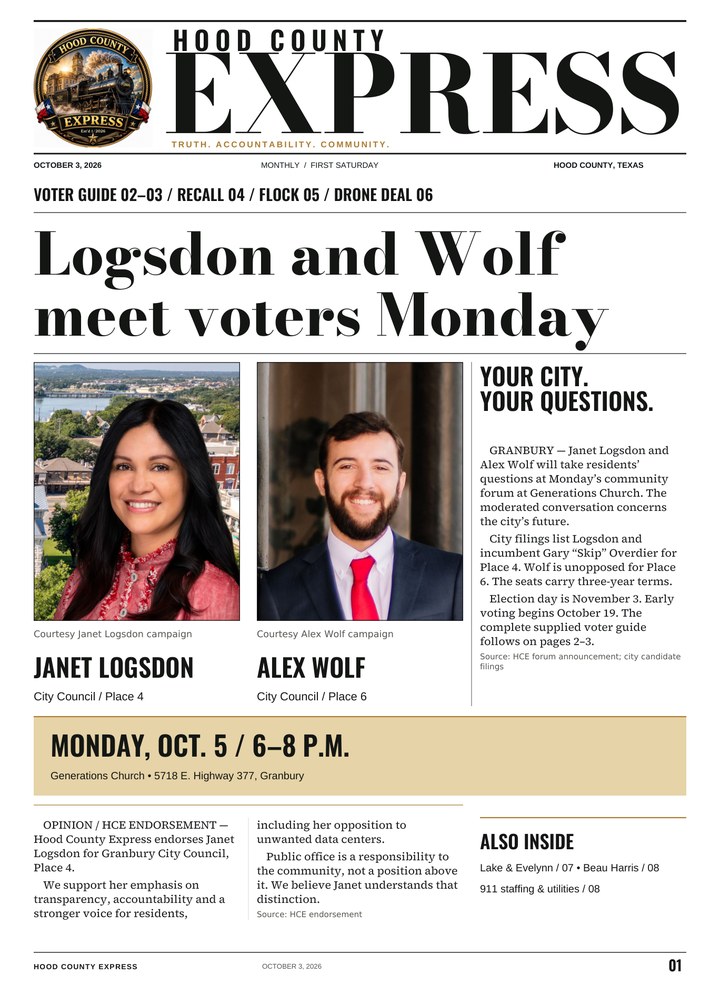 Hood County Express monthly cover, October 3, 2026: Logsdon and Wolf meet voters Monday