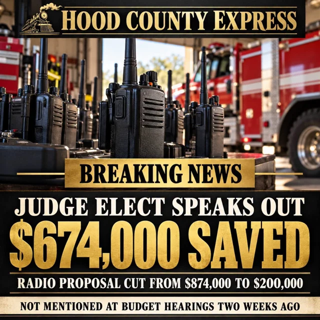 HCE breaking news graphic showing fire department radios and a $674,000 reduction in proposed radio spending.