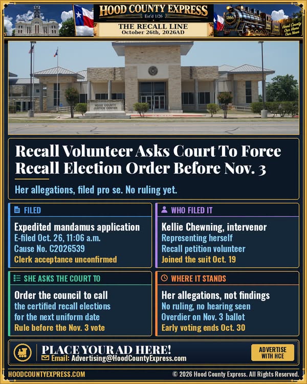 Original Hood County Express Facebook graphic for Recall Volunteer Asks Court to Force Recall Election Order Before Nov. 3