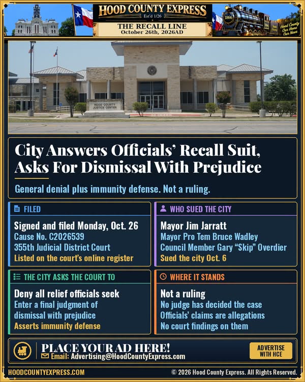 Original Hood County Express Facebook graphic for City Answers Officials’ Recall Lawsuit, Asks for Dismissal With Prejudice