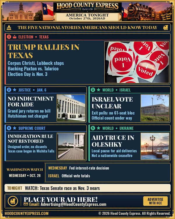 Original Hood County Express Facebook artwork for America Tonight: October 27, 2026