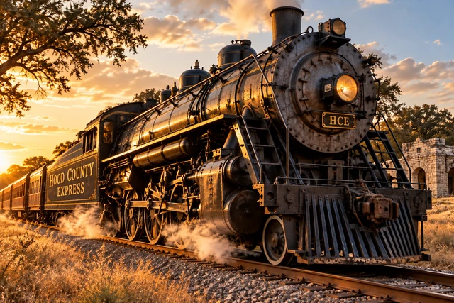 Hood County Express steam locomotive in golden evening light.
