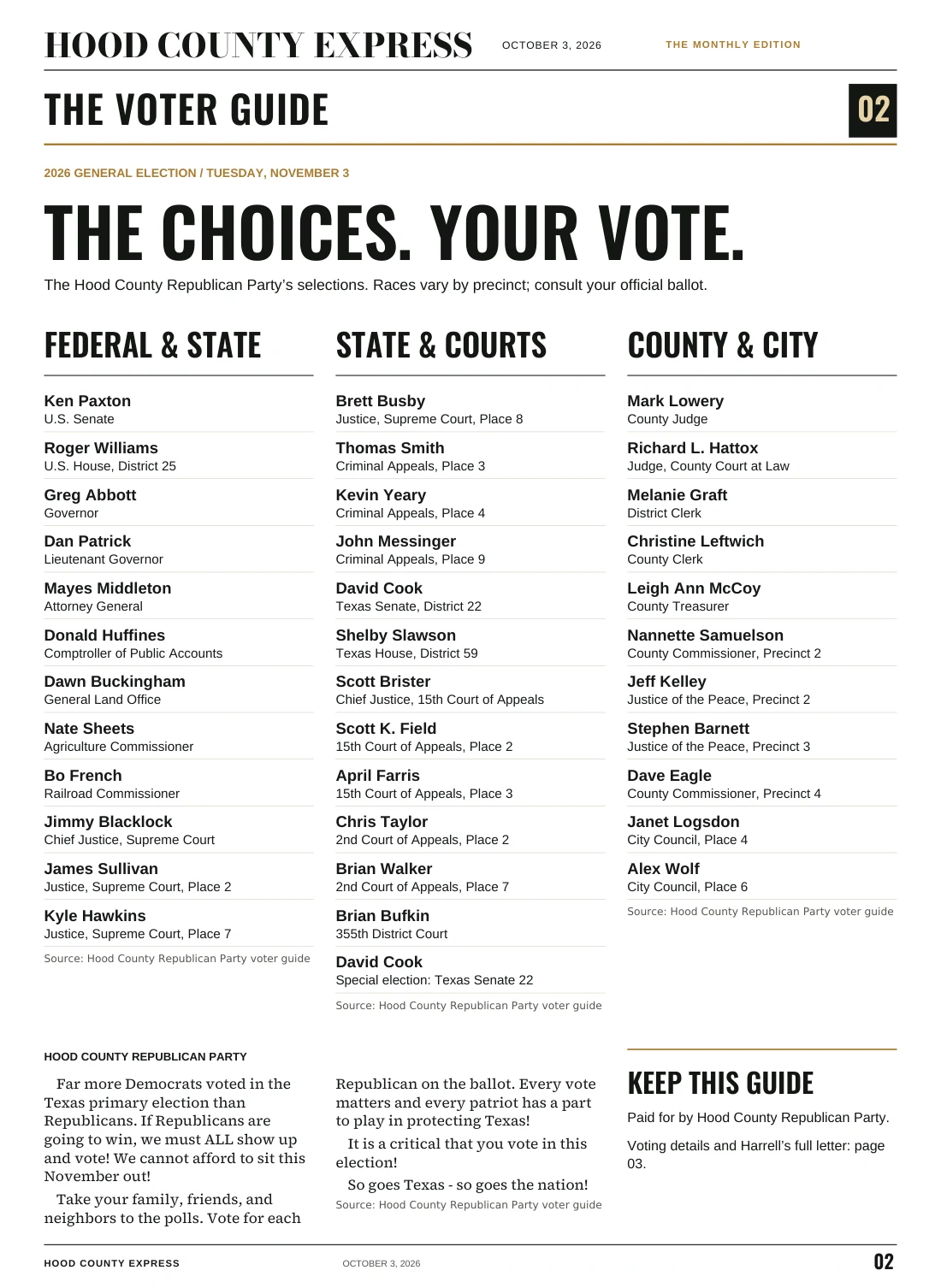 Page 2, The newspaper’s voter guide. Readable text is available below.