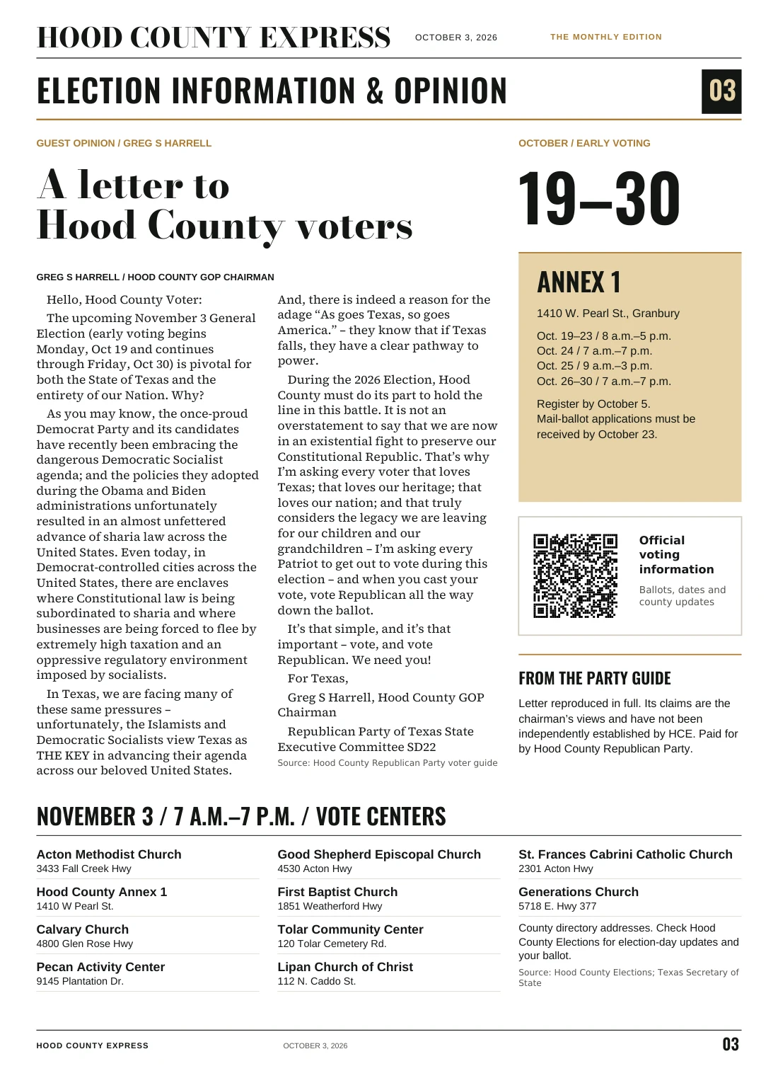 Page 3, Chairman Harrell’s letter and the election-information page. Readable text is available below.