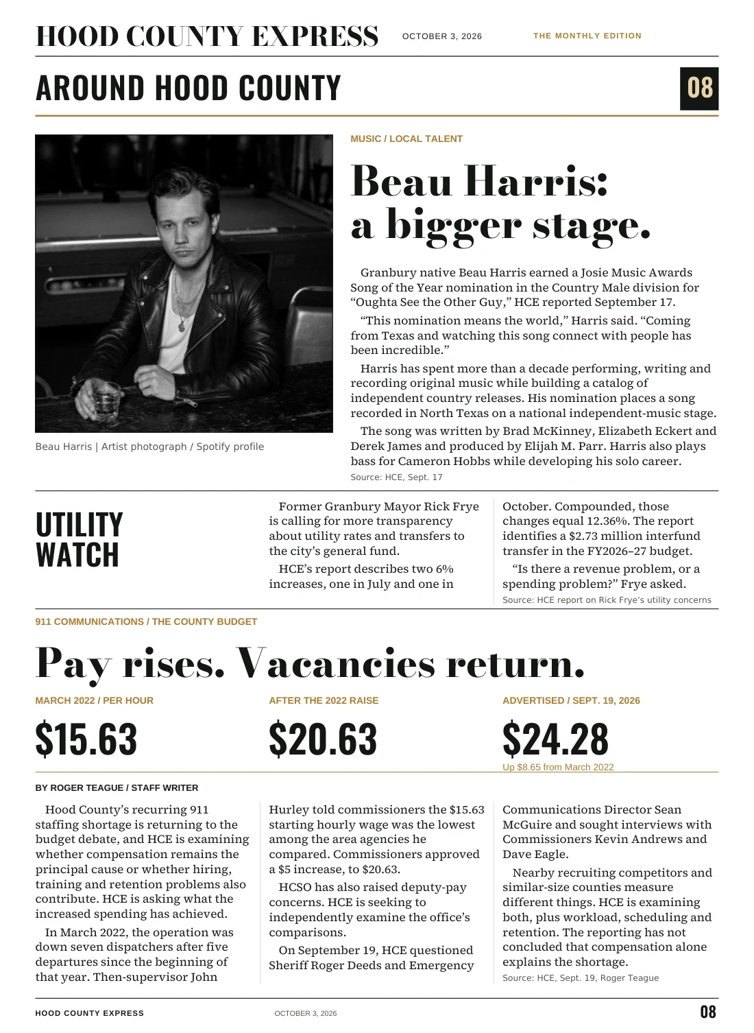 Page 8, Beau Harris, utilities and 911 staffing. Readable text is available below.