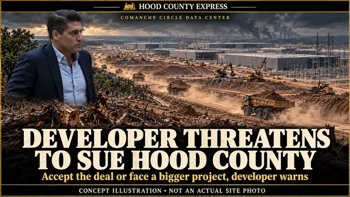 HCE concept illustration showing Ryan Hughes beside an imagined Comanche Circle data center construction scene.